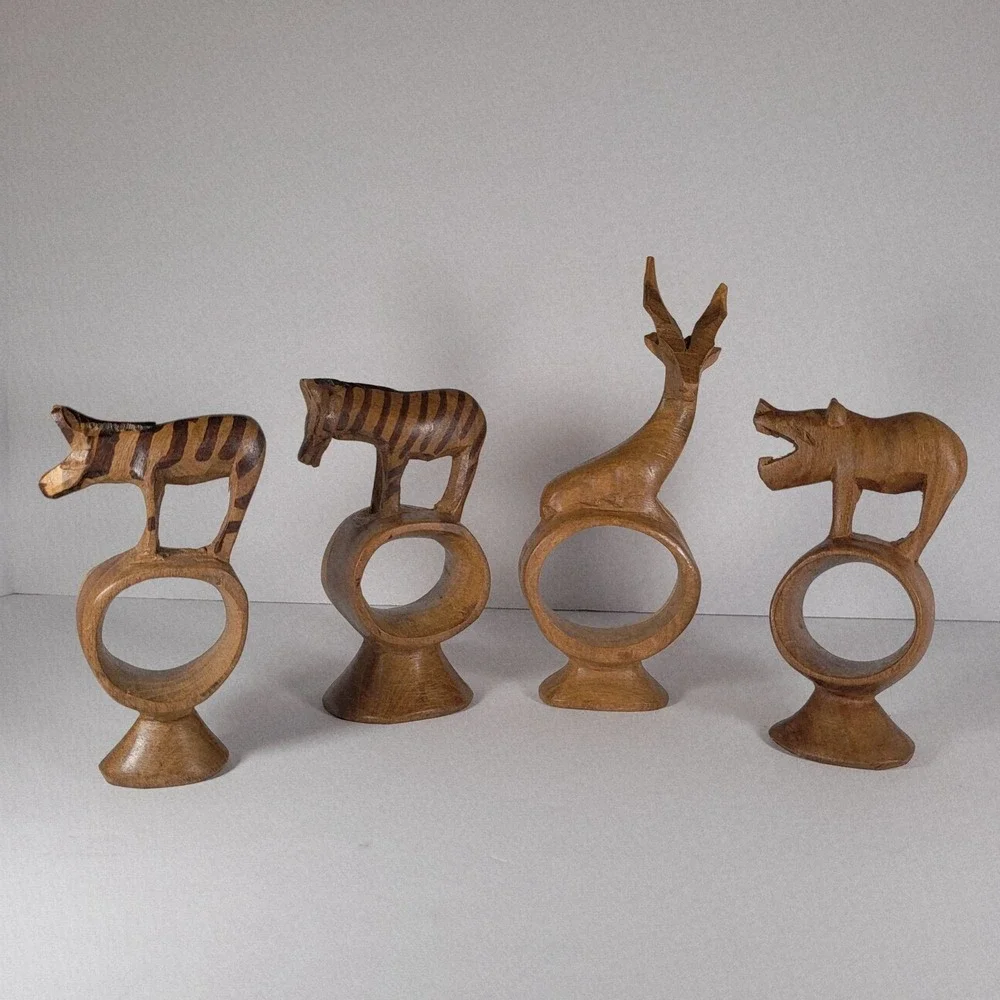 Vintage Hand Carved Wooden Safari Animal Napkin Rings Set of 4 African Wildlife